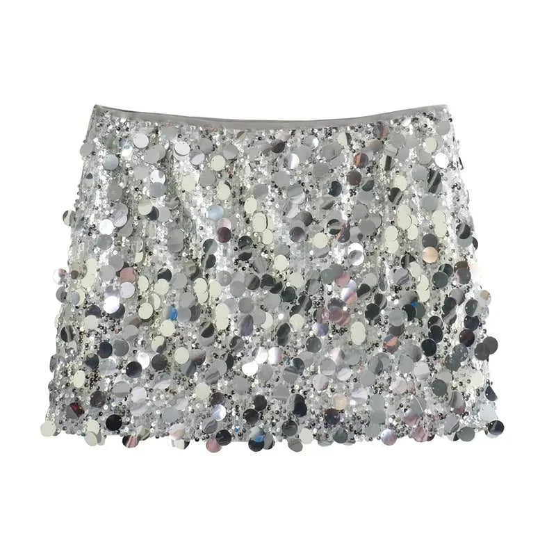 Jupe à paillettes argentées pour femmes, Mini jupe taille haut