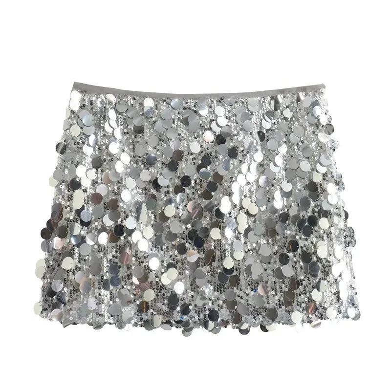 Jupe à paillettes argentées pour femmes, Mini jupe taille haut