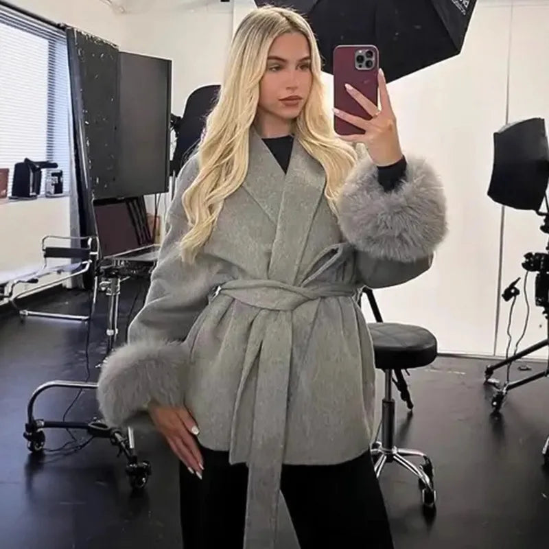 Manteau automne/hiver pour femme –  manches avec fausse fourrure et style vintage