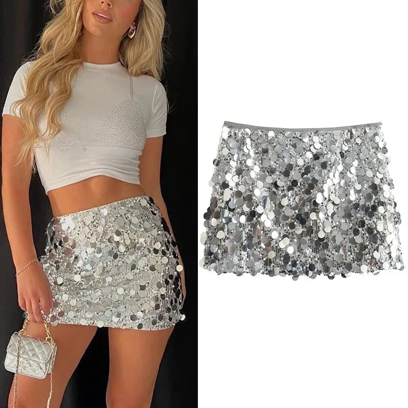 Jupe à paillettes argentées pour femmes, Mini jupe taille haut